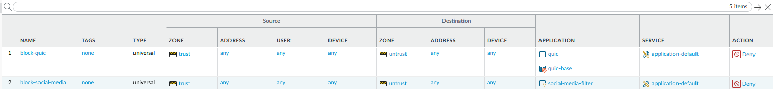 security policy rule list showing block-quic positioned above block-social-media
