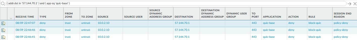 traffic log showing QUIC denied by block-quic