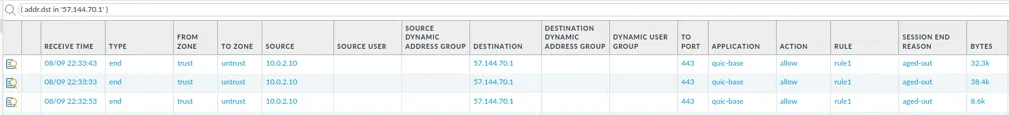 traffic log showing QUIC allowed through rule1